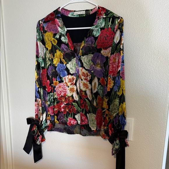 Alice + Olivia Multicolor Floral Blouse with Black Ties - Picture 1 of 8